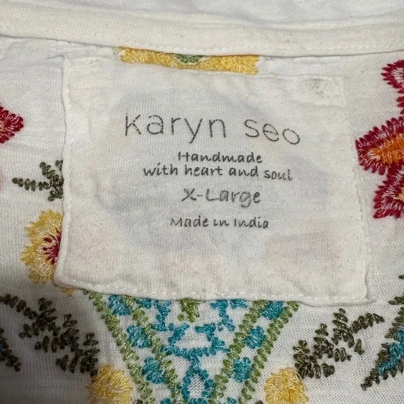 Karyn Seo Womens XL White Cotton Embroidered Floral Boho V-Neck Short Sleeve Top - Picture 4 of 5